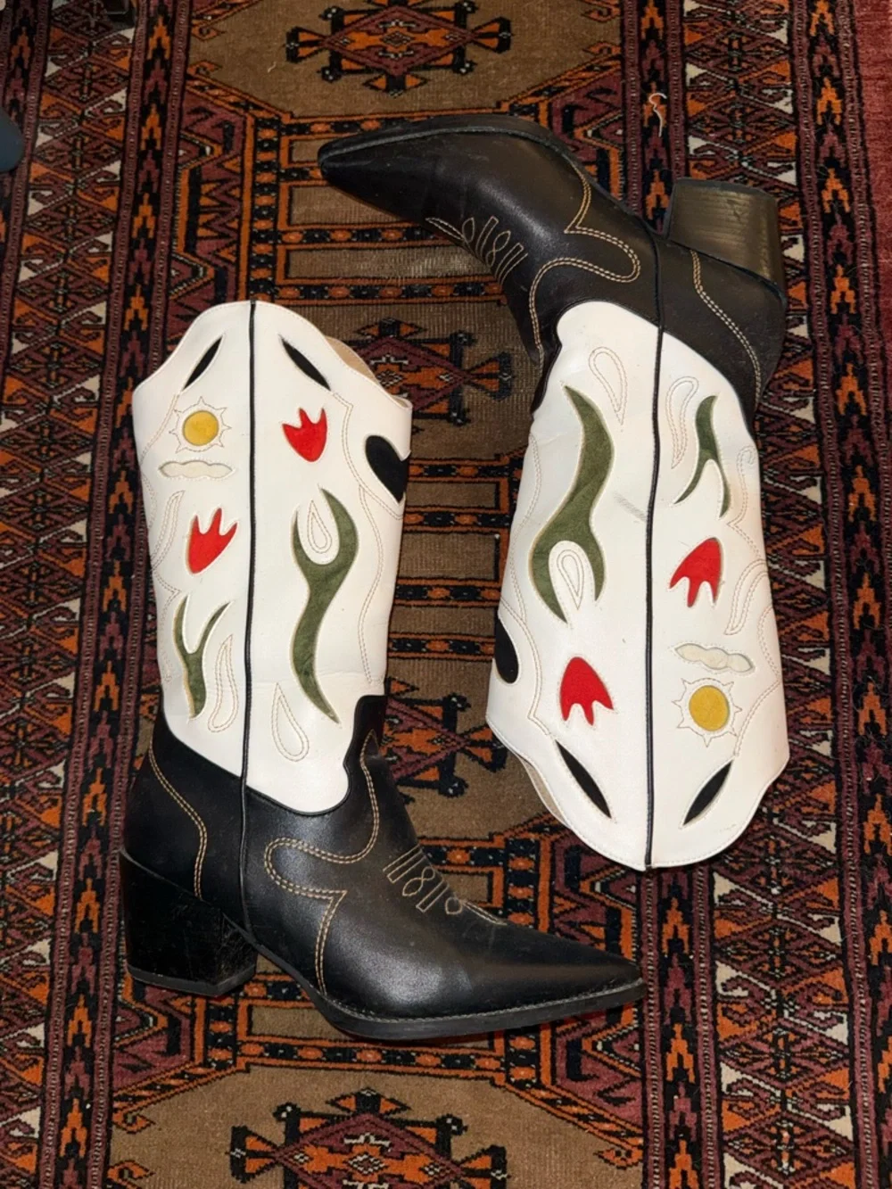 Black & White Floral Inlay Western Boots with Red and Olive Accents - Picture 2 of 8